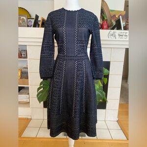 Alexander McQueen Embroidered Lace Long Sleeve Midi Fit and Flare Dress, Blk,Med